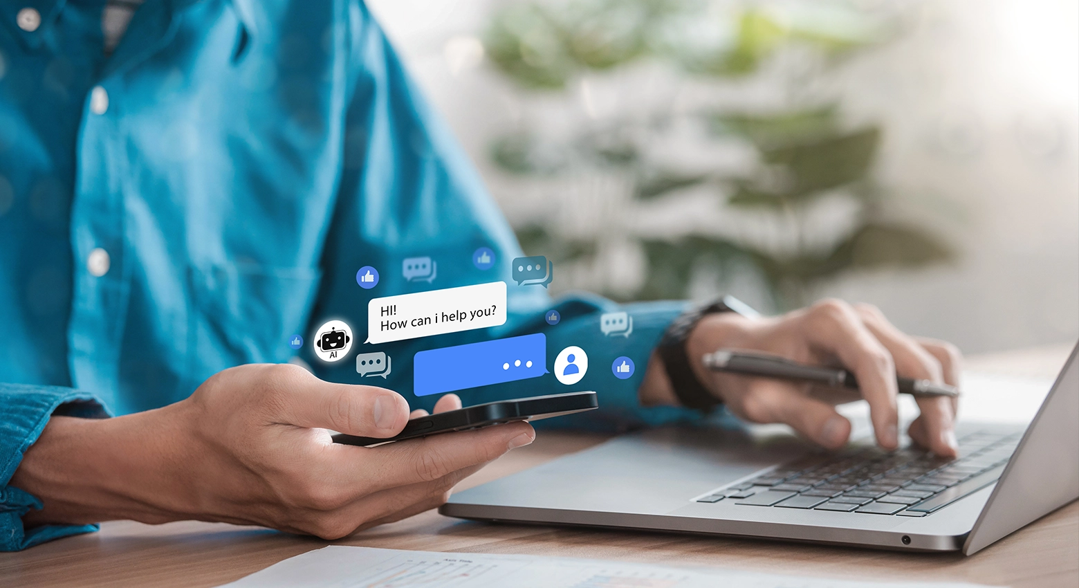 Männer mit Smartphones in der Hand und schwebendem KI-Text