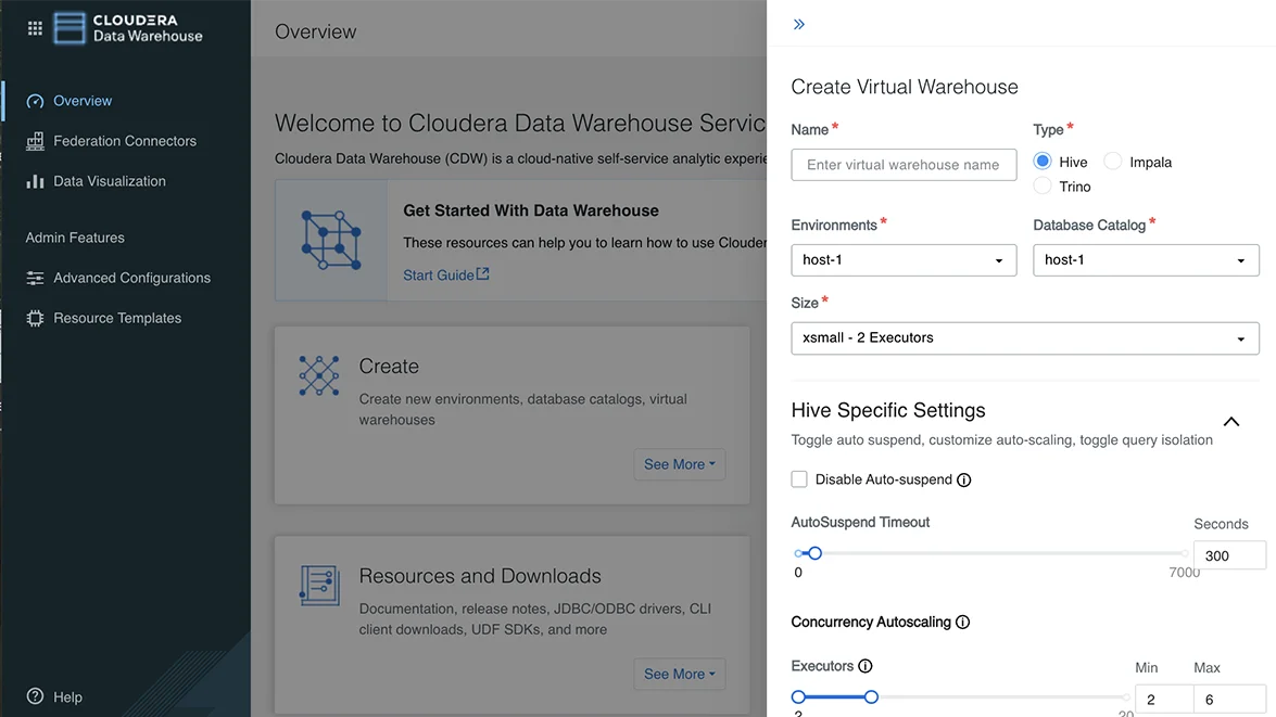 Screenshot der virtuellen Warehouse-Funktion des Cloudera Data Warehouse